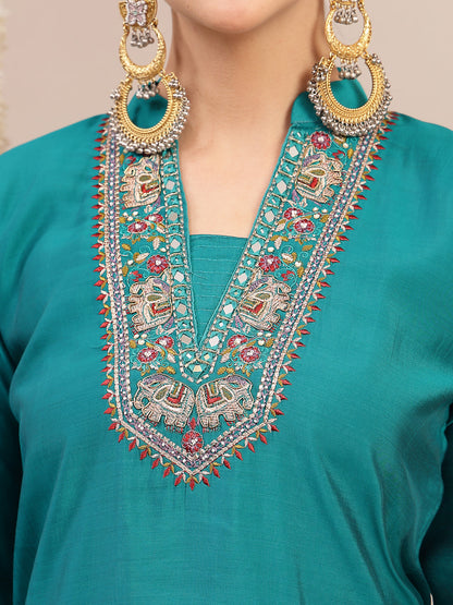 Solid & Embroidered Santoon Straight Kurta Pant Dupatta Set