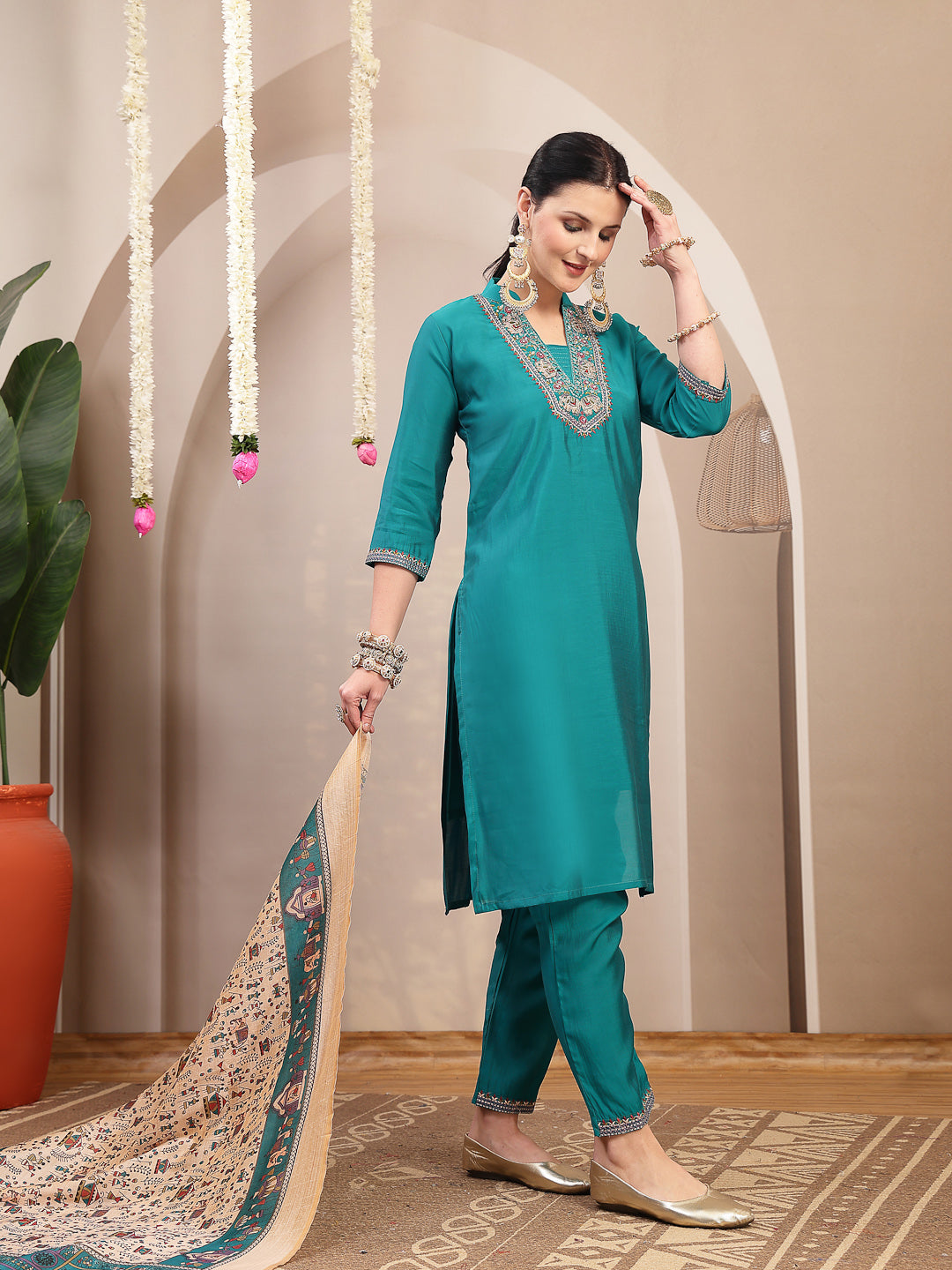 Solid & Embroidered Santoon Straight Kurta Pant Dupatta Set