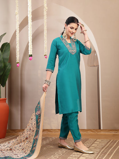 Solid & Embroidered Santoon Straight Kurta Pant Dupatta Set