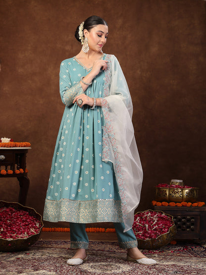 Aqua Blue Printed & Embroidered Rayon Anarkali Kurta Pant Dupatta Set (Pre-Order)