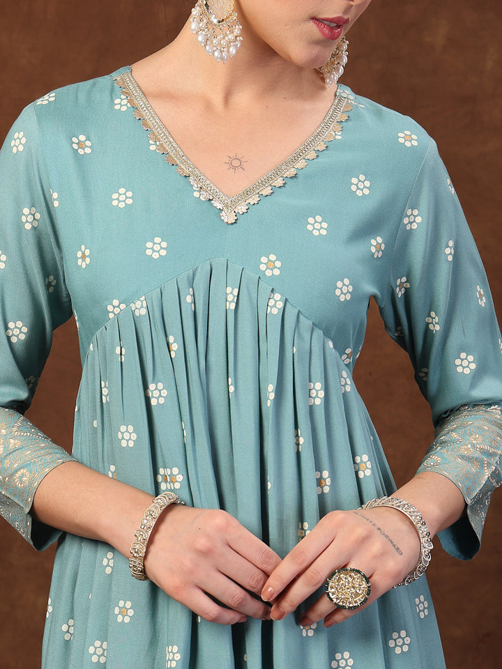 Aqua Blue Printed &amp; Embroidered Rayon Anarkali Kurta Pant Dupatta Set