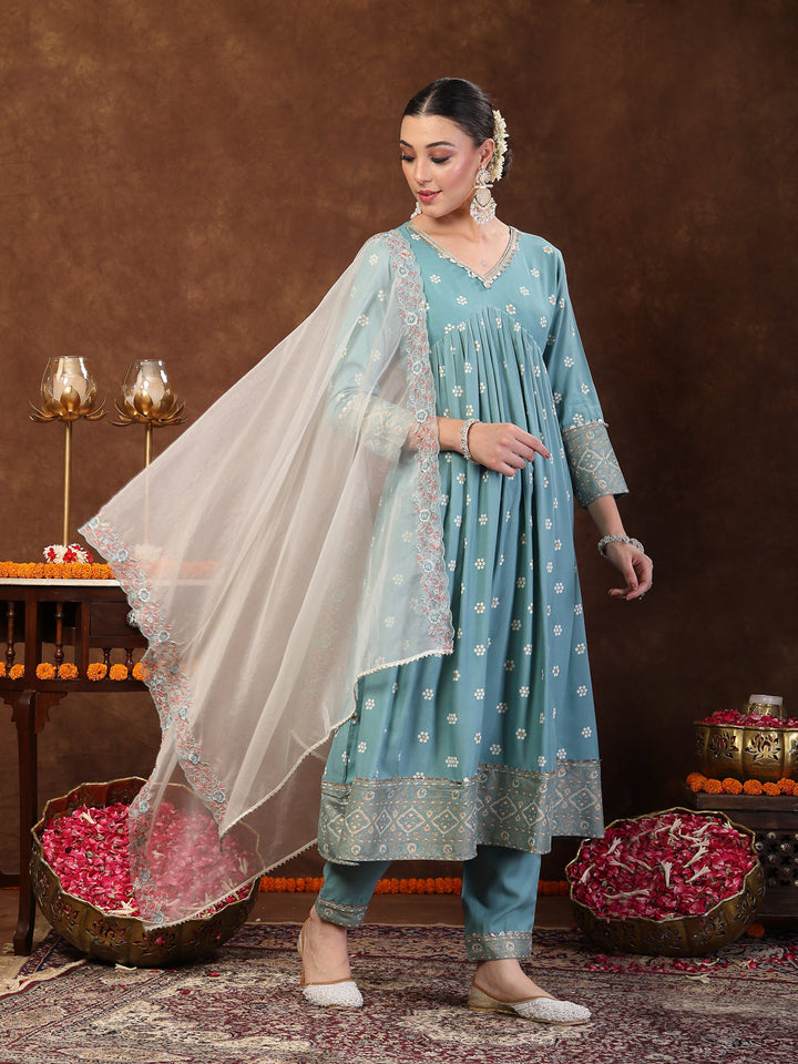 Aqua Blue Printed &amp; Embroidered Rayon Anarkali Kurta Pant Dupatta Set