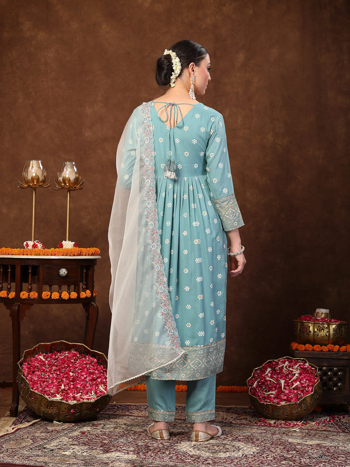 Aqua Blue Printed &amp; Embroidered Rayon Anarkali Kurta Pant Dupatta Set