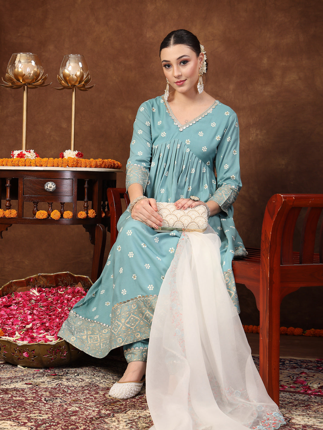 Aqua Blue Printed &amp; Embroidered Rayon Anarkali Kurta Pant Dupatta Set