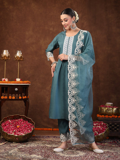 Aqua Embroidered Silk Blend Straight Kurta Pant Dupatta Set (Pre-Order)