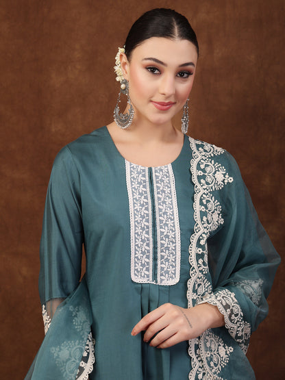 Aqua Embroidered Silk Blend Straight Kurta Pant Dupatta Set (Pre-Order)