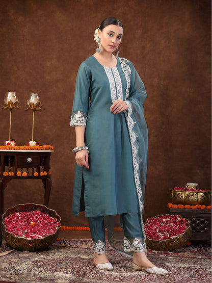 Aqua Embroidered Silk Blend Straight Kurta Pant Dupatta Set (Pre-Order)