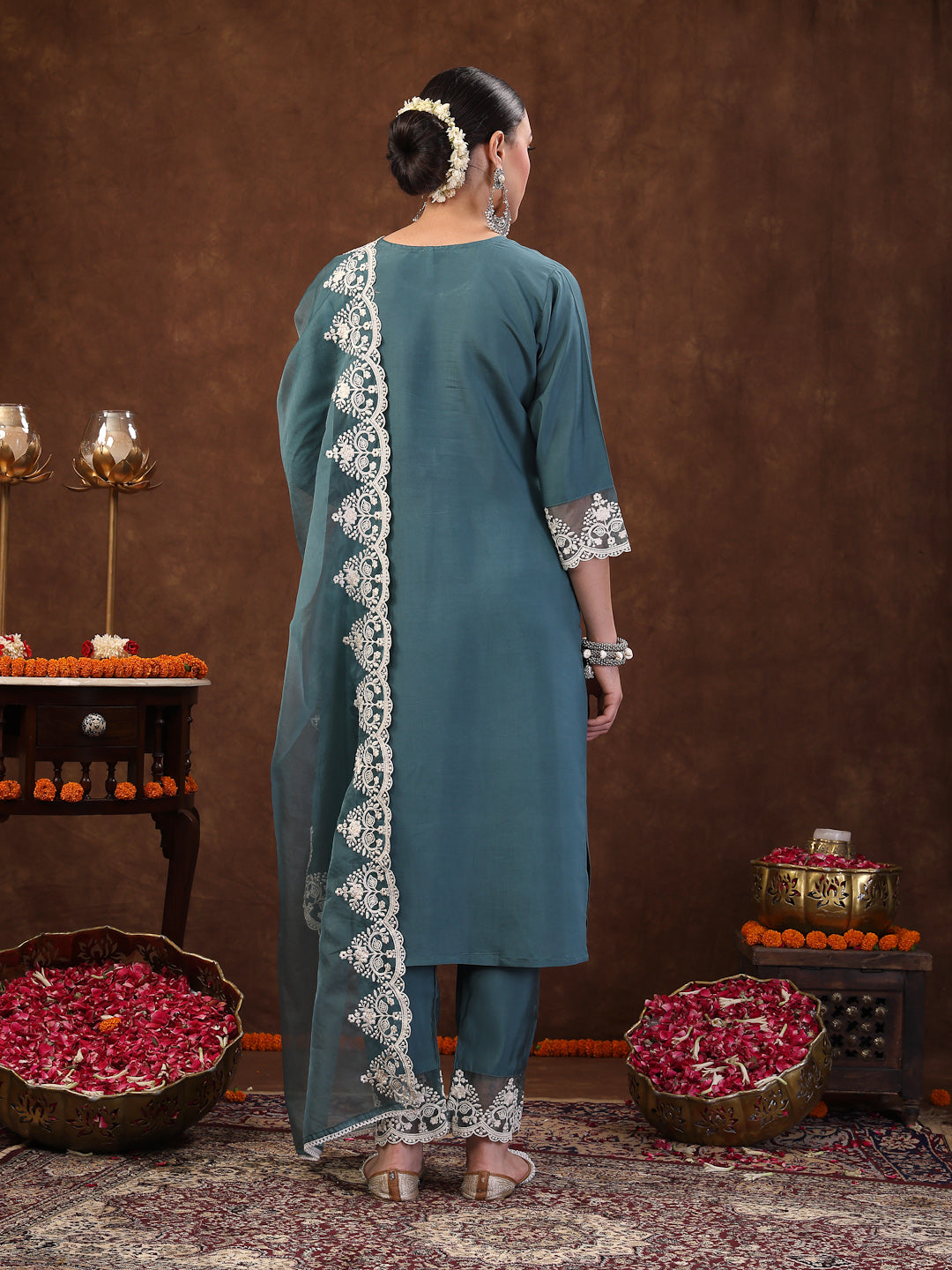 Aqua Embroidered Silk Blend Straight Kurta Pant Dupatta Set (Pre-Order)