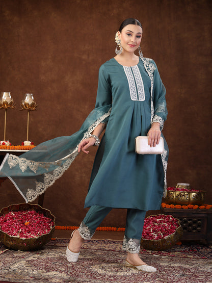 Aqua Embroidered Silk Blend Straight Kurta Pant Dupatta Set (Pre-Order)
