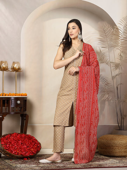 Beige Gold Printed Rayon A-Line Kurta Pant Dupatta Set (Pre-Order)