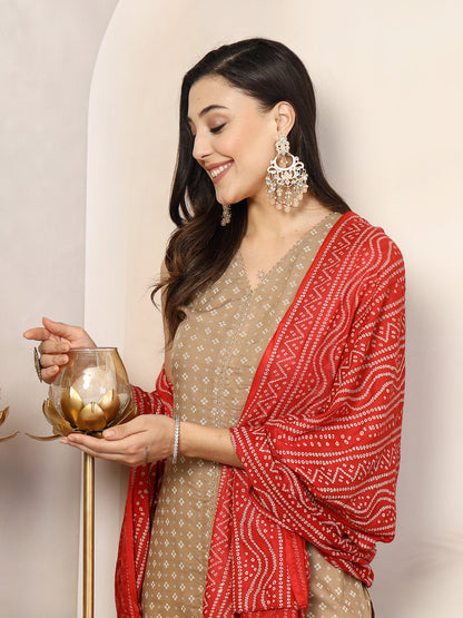 Beige Gold Printed Rayon A-Line Kurta Pant Dupatta Set (Pre-Order)