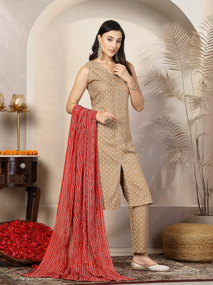 Beige Gold Printed Rayon A-Line Kurta Pant Dupatta Set (Pre-Order)