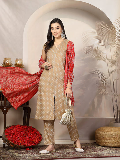 Beige Gold Printed Rayon A-Line Kurta Pant Dupatta Set (Pre-Order)