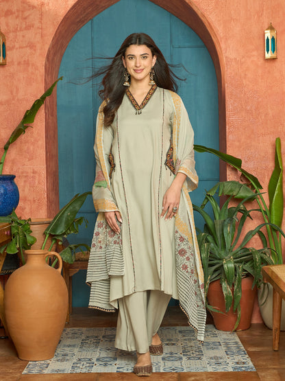 Solid Rayon Straight Kurta Palazzo Dupatta Set