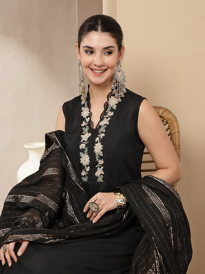 Solid & Embroidered Crepe A-Line Kurta Pant Dupatta Set