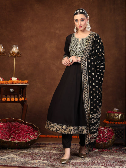 Black Solid & Embroidered Rayon Anarkali Kurta Pant Dupatta Set (Pre-Order)
