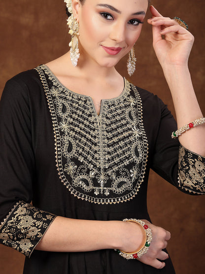 Black Solid & Embroidered Rayon Anarkali Kurta Pant Dupatta Set (Pre-Order)