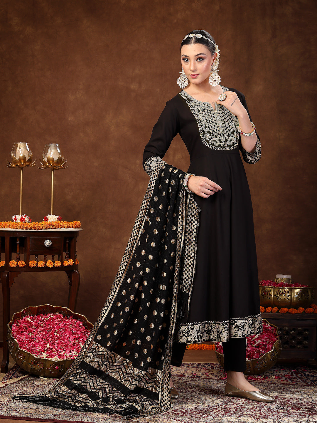 Black Solid & Embroidered Rayon Anarkali Kurta Pant Dupatta Set (Pre-Order)