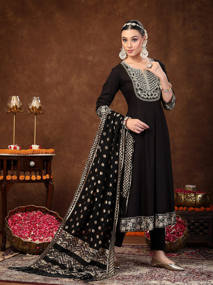 Black Solid & Embroidered Rayon Anarkali Kurta Pant Dupatta Set (Pre-Order)
