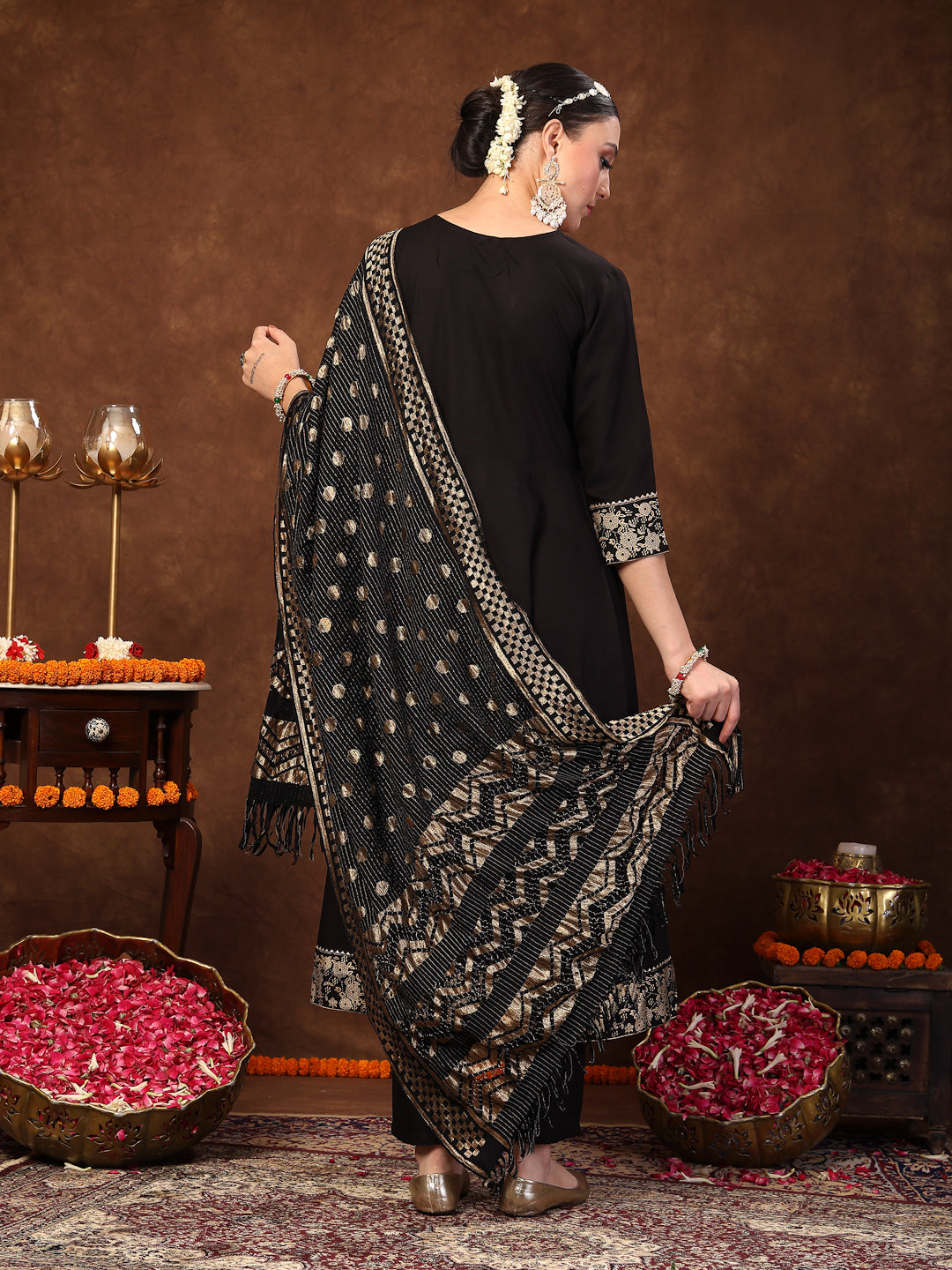 Black Solid & Embroidered Rayon Anarkali Kurta Pant Dupatta Set (Pre-Order)