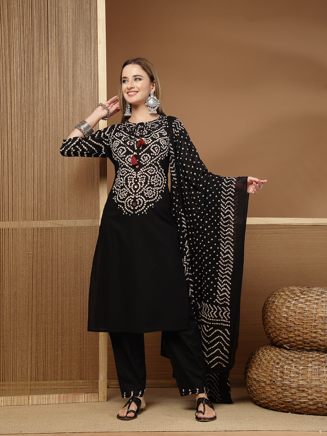 Bandhej Printed &amp; Embroidered Cotton Straight Kurta Pant Dupatta Set