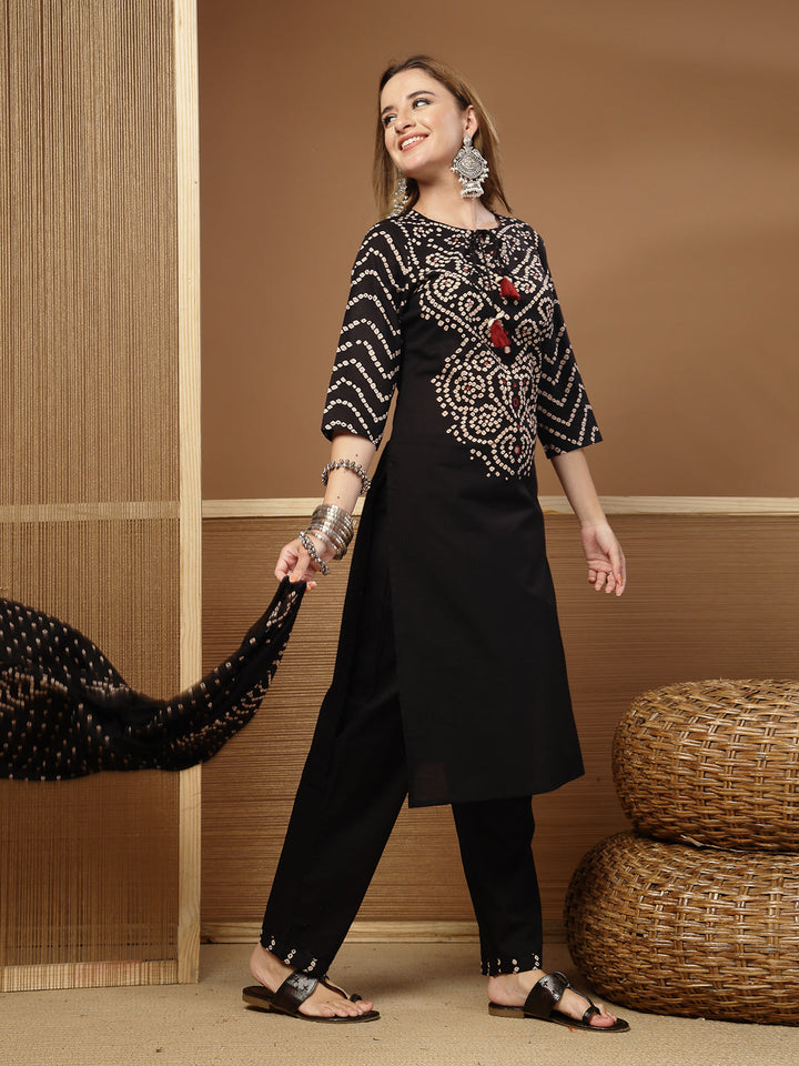 Bandhej Printed &amp; Embroidered Cotton Straight Kurta Pant Dupatta Set