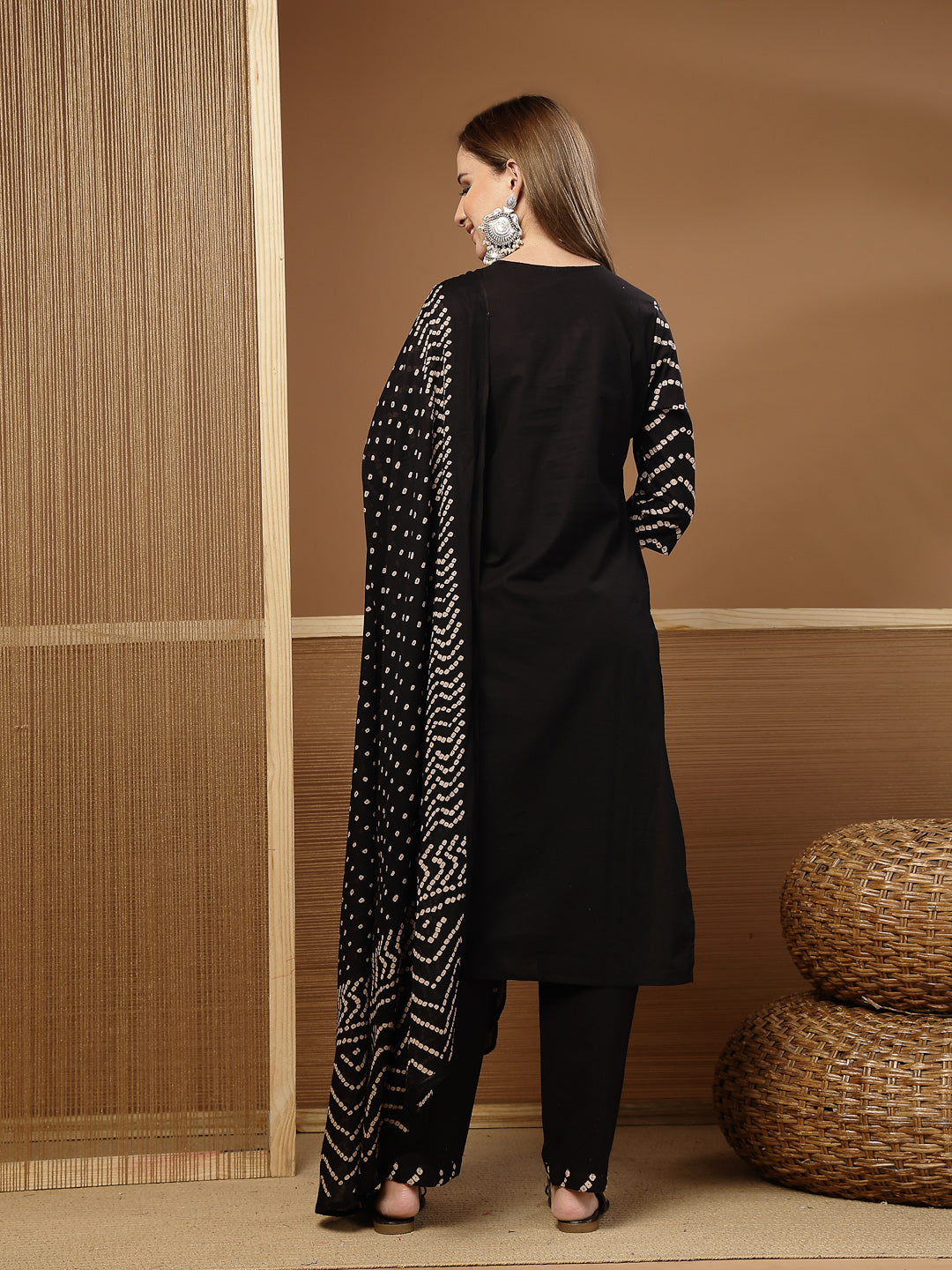 Bandhej Printed &amp; Embroidered Cotton Straight Kurta Pant Dupatta Set