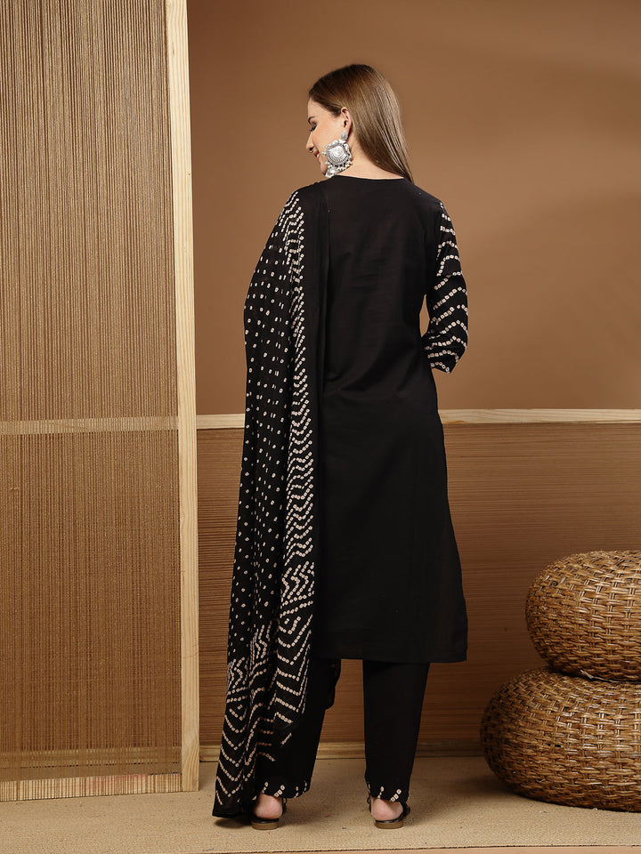 Bandhej Printed &amp; Embroidered Cotton Straight Kurta Pant Dupatta Set