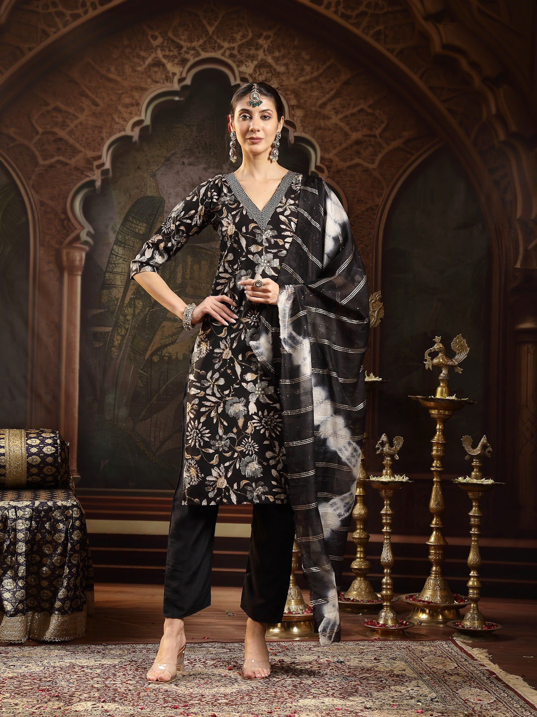 Black Floral Printed Straight Kurta Pant Dupatta Set (Pre-Order)