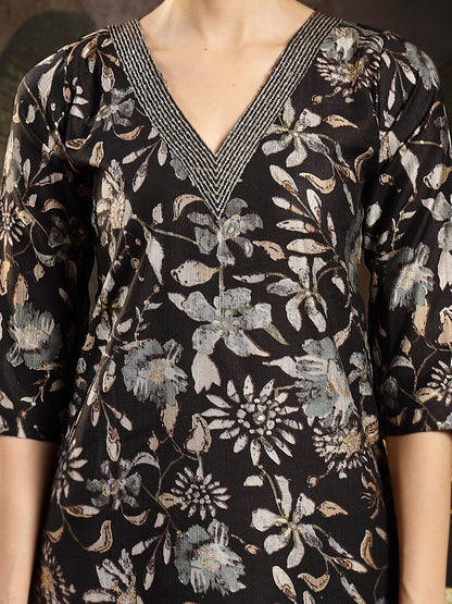Black Floral Printed Straight Kurta Pant Dupatta Set