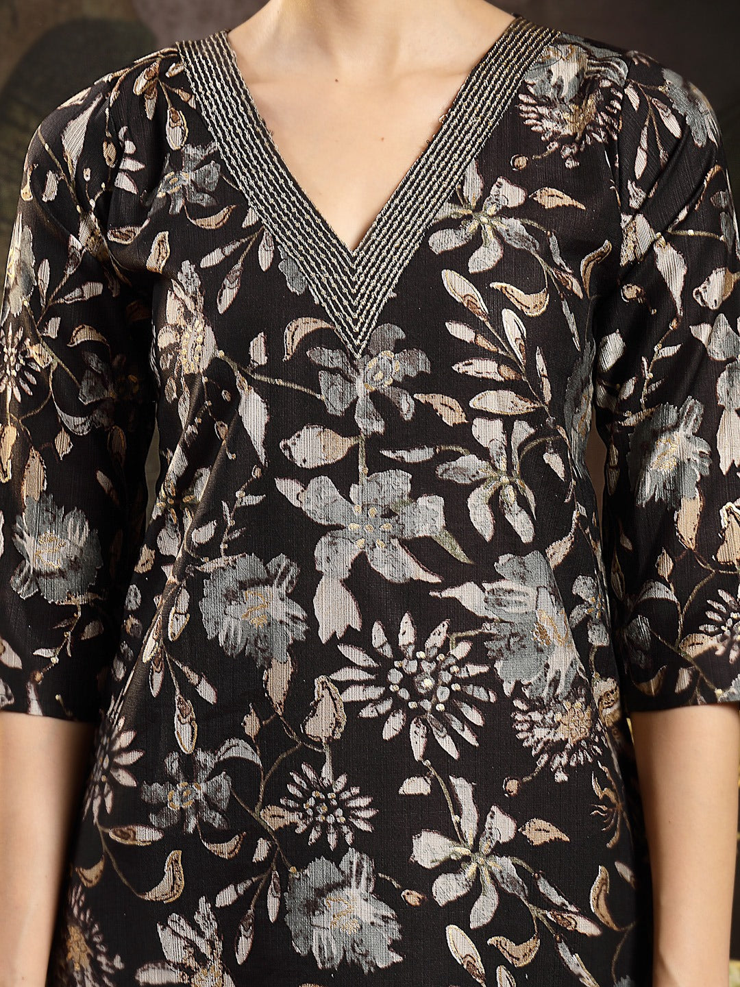 Black Floral Printed Straight Kurta Pant Dupatta Set (Pre-Order)