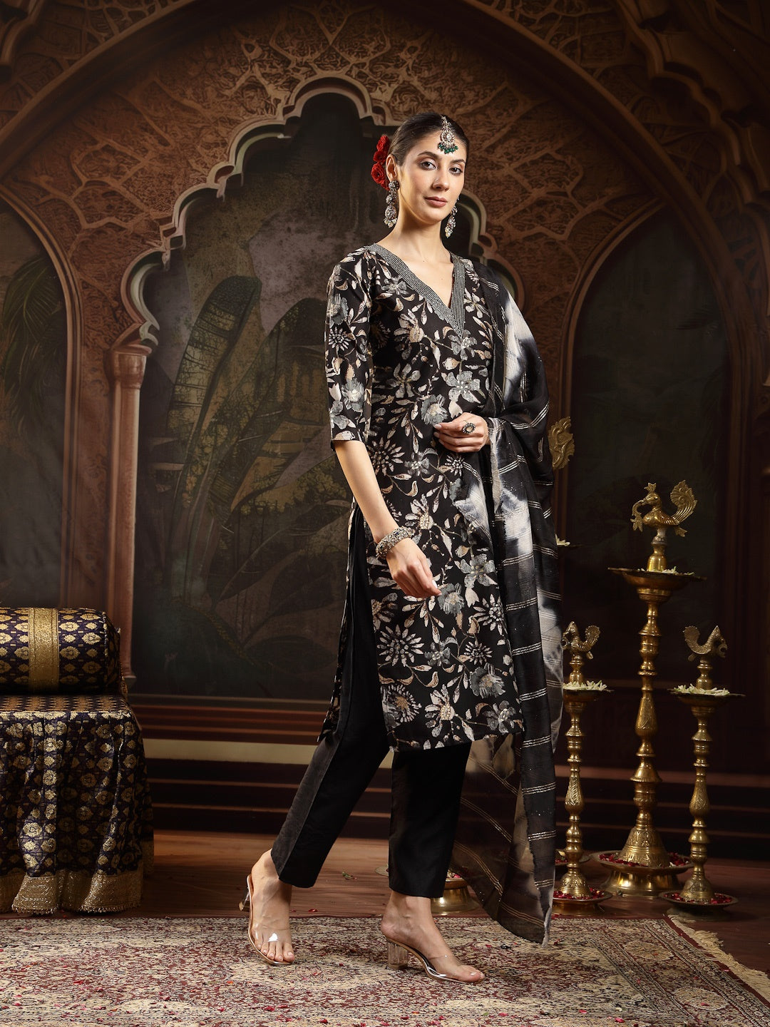 Black Floral Printed Straight Kurta Pant Dupatta Set (Pre-Order)