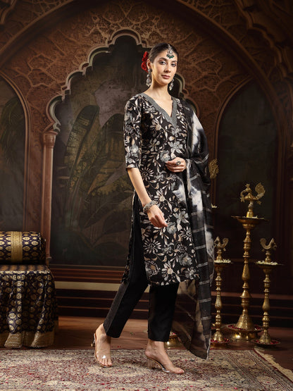 Black Floral Printed Straight Kurta Pant Dupatta Set (Pre-Order)