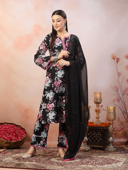 Black Printed Italian Crush Straight Kurta Pant Dupatta Set (Pre-Order)