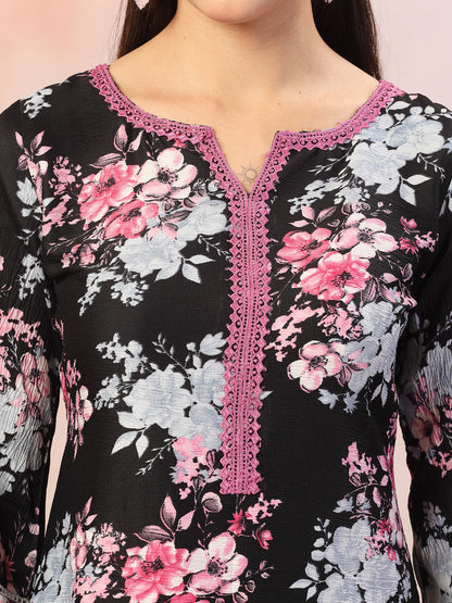 Black Printed Italian Crush Straight Kurta Pant Dupatta Set (Pre-Order)