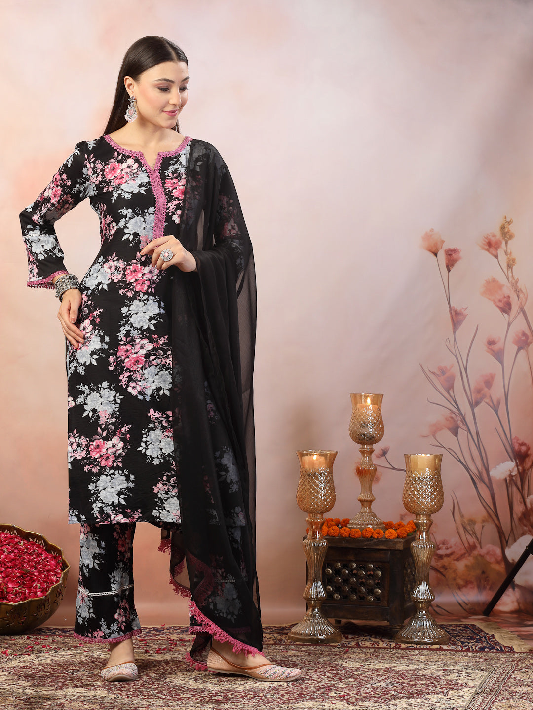 Black Printed Italian Crush Straight Kurta Pant Dupatta Set (Pre-Order)