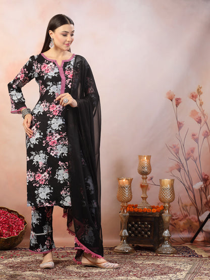 Black Printed Italian Crush Straight Kurta Pant Dupatta Set (Pre-Order)