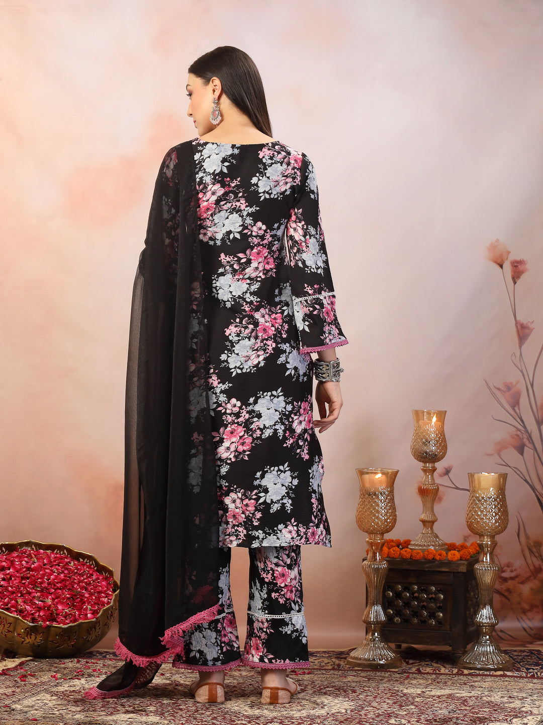 Black Printed Italian Crush Straight Kurta Pant Dupatta Set (Pre-Order)