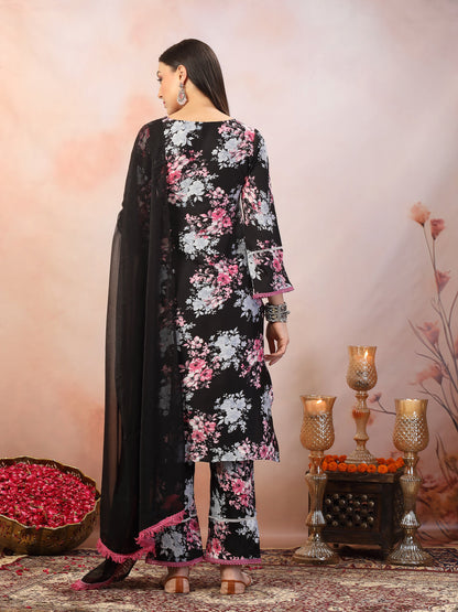 Black Printed Italian Crush Straight Kurta Pant Dupatta Set (Pre-Order)