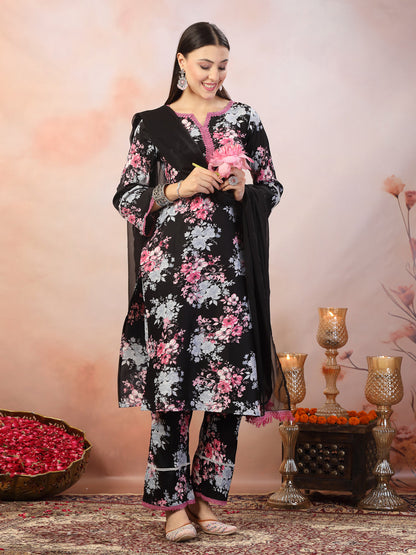 Black Printed Italian Crush Straight Kurta Pant Dupatta Set (Pre-Order)