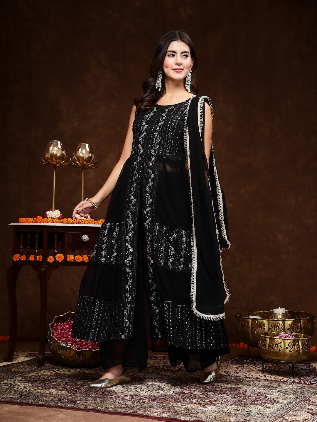 Black Georgette Embroidered Tiered Kurta Pant Dupatta Set (Pre-Order)