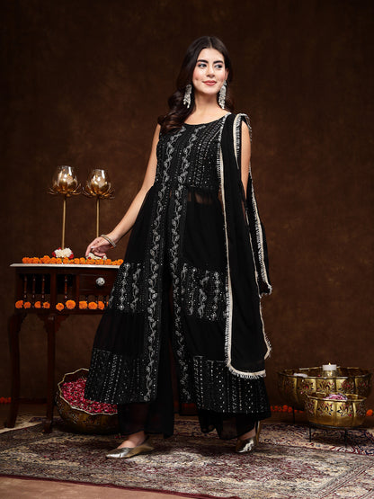 Black Georgette Embroidered Tiered Kurta Pant Dupatta Set (Pre-Order)