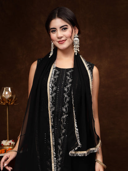 Black Georgette Embroidered Tiered Kurta Pant Dupatta Set (Pre-Order)