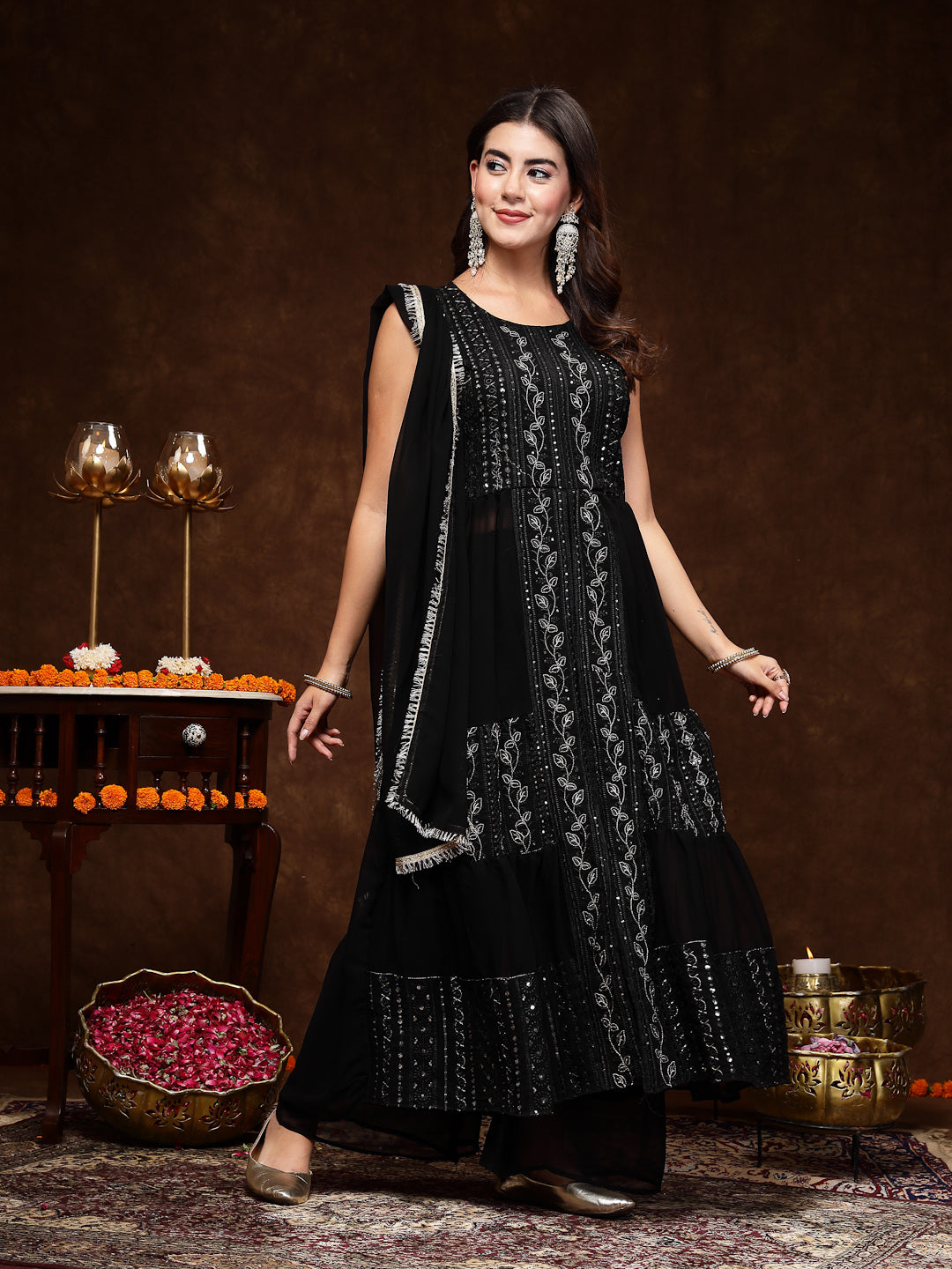 Black Georgette Embroidered Tiered Kurta Pant Dupatta Set (Pre-Order)