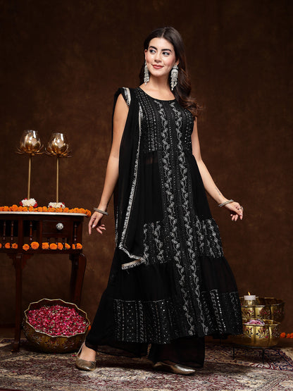 Black Georgette Embroidered Tiered Kurta Pant Dupatta Set (Pre-Order)