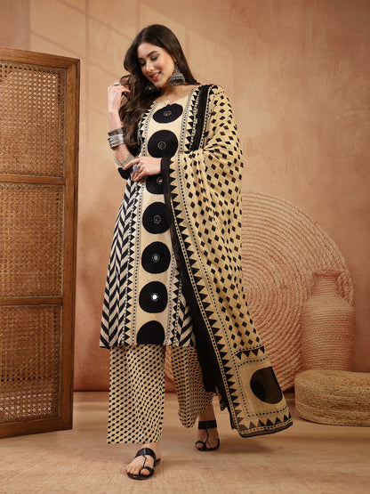 Printed Cotton A-Line Kurta Palazzo Dupatta Set