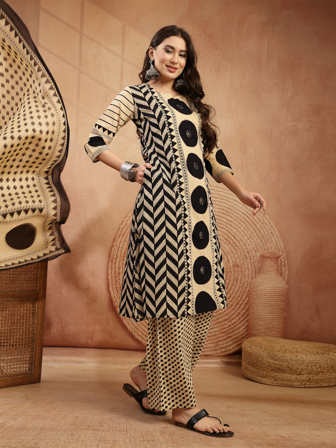 Printed Cotton A-Line Kurta Palazzo Dupatta Set