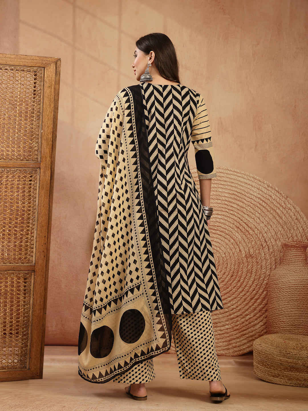 Printed Cotton A-Line Kurta Palazzo Dupatta Set