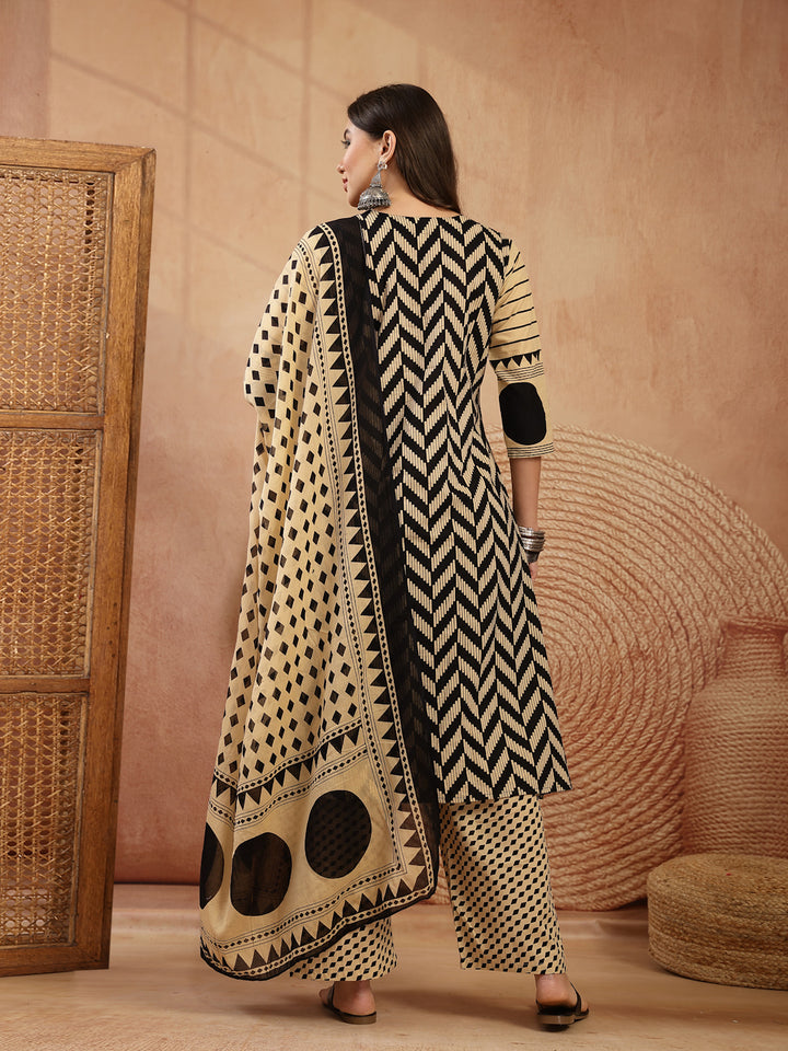 Printed Cotton A-Line Kurta Palazzo Dupatta Set