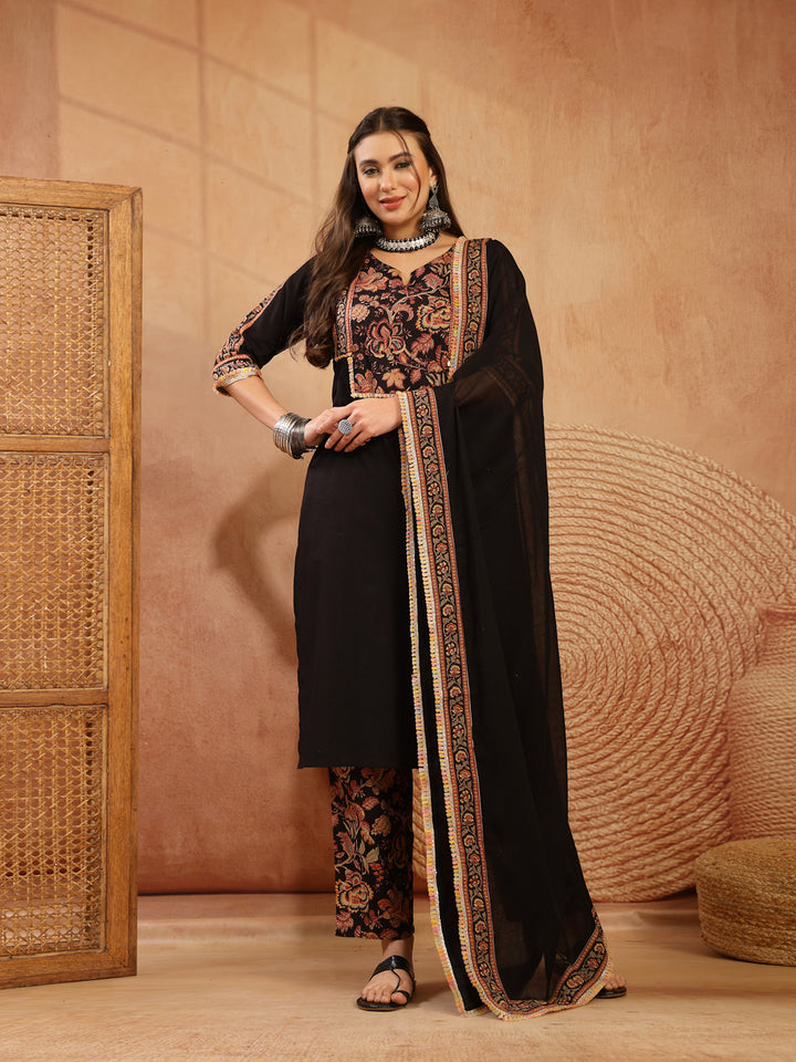 Solid Cotton Straight Kurta Pant Dupatta Set